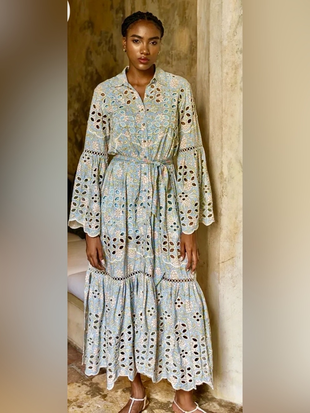 Pastel Blue Floral Eyelet Maxi Dress with Tie Waist